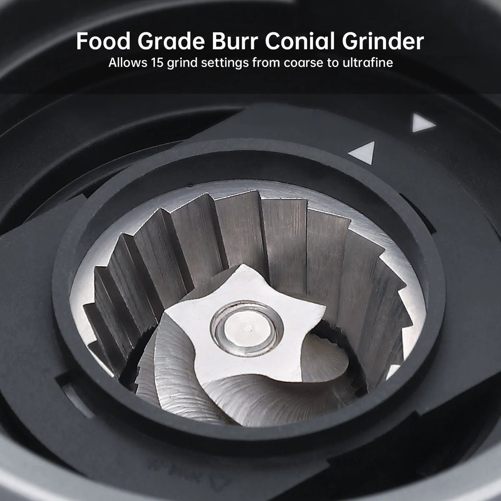 Black coffee grinder with stainless steel conical burr mechanism, featuring 15 adjustable grind settings.