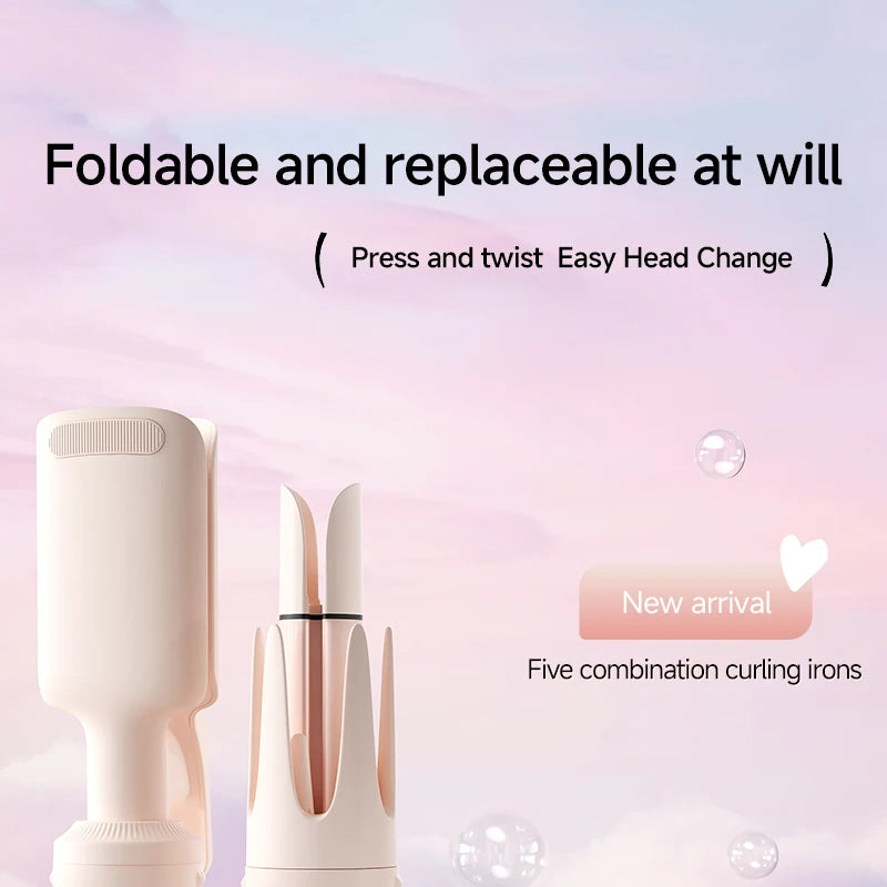 Pink automatic curling iron set with 5 replaceable attachments for versatile, anti-tangle salon hair styling at home.