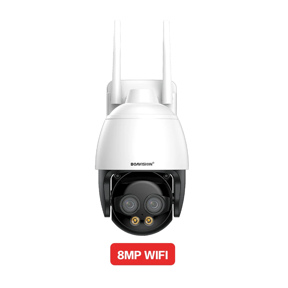 White dual-lens WiFi security camera front view with two antennas and 8MP WiFi badge