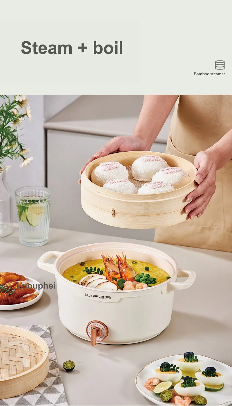 Beige double-layer bamboo electric steamer pot with open basket holding steamed food