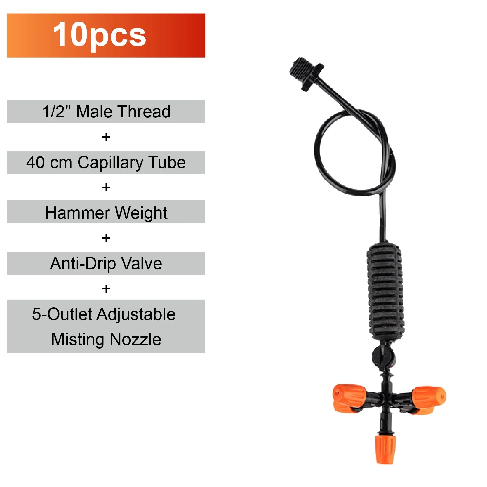 Hanging 5-outlet adjustable misting nozzle with black body and orange outlet fittings