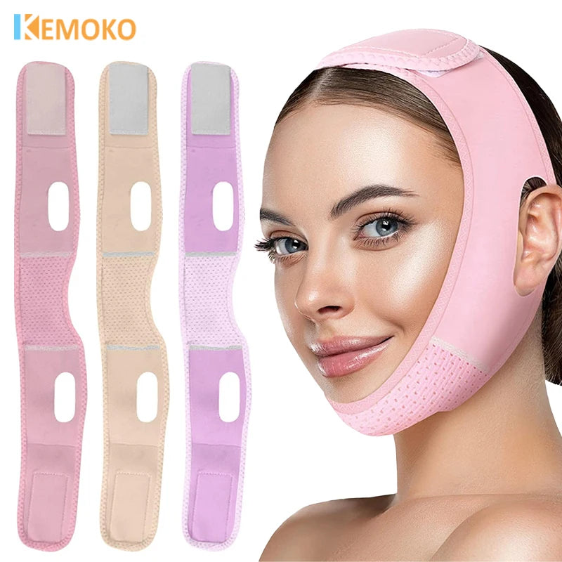 Woman wearing a pink V-line face slimming bandage with mesh chin area, shown alongside pink, beige, and lavender belts.