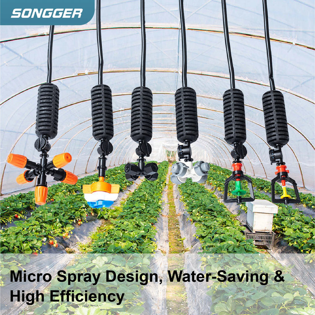 Row of hanging micro sprinkler nozzles with black ribbed bodies and multicolor valves