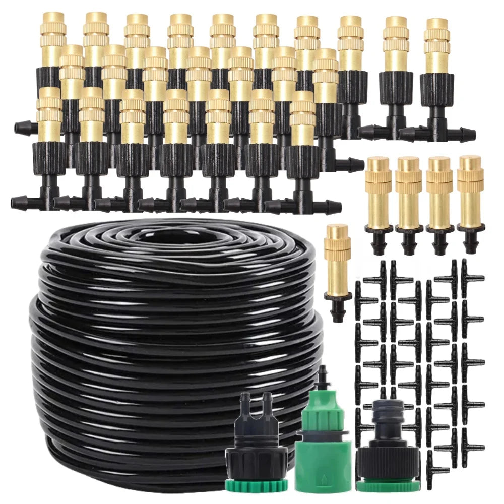 5M-30M Misting Cooling System Garden Irrigation Watering 1/4'' Brass Atomizer Nozzles 4/7mm Hose for Outdoor Patio Greenhouse