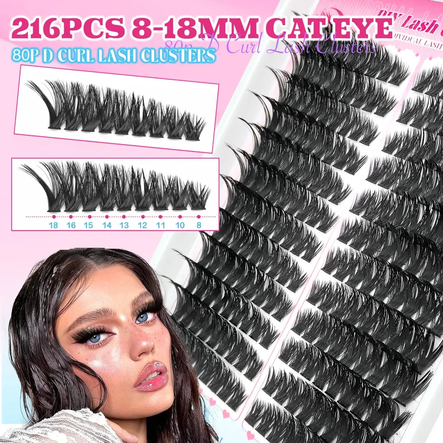 A tray of 216 black cat-eye cluster lashes (8-18mm) and a woman wearing the DIY lightweight D-curl lash set.
