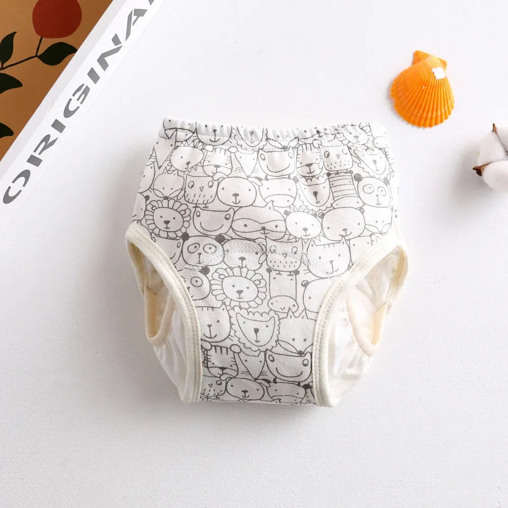 Baby care training diaper with cute animal line art print, soft cotton-feel potty training pants for toddlers.