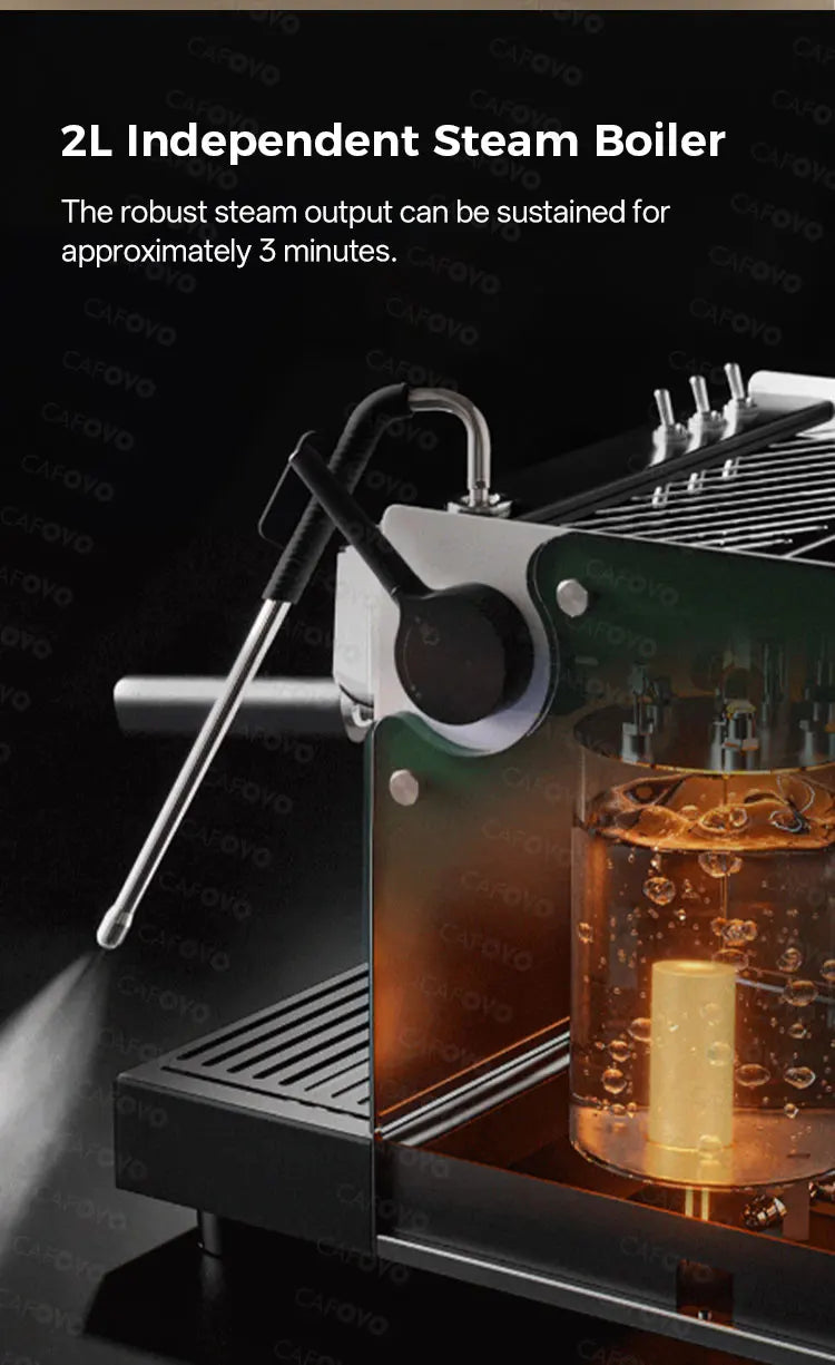 Cafovo 2L independent steam boiler for professional espresso machine with stainless steel nozzle and internal view.