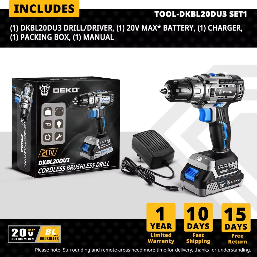 DEKO 20V DKBL20DU3 Brushless Cordless Drill Combo Kit Mini Electric Screwdriver 2 Speed Power Tools for Woodworking