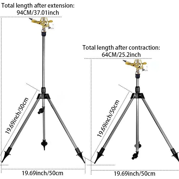 Telescoping tripod sprinkler stand showing extended and contracted lengths