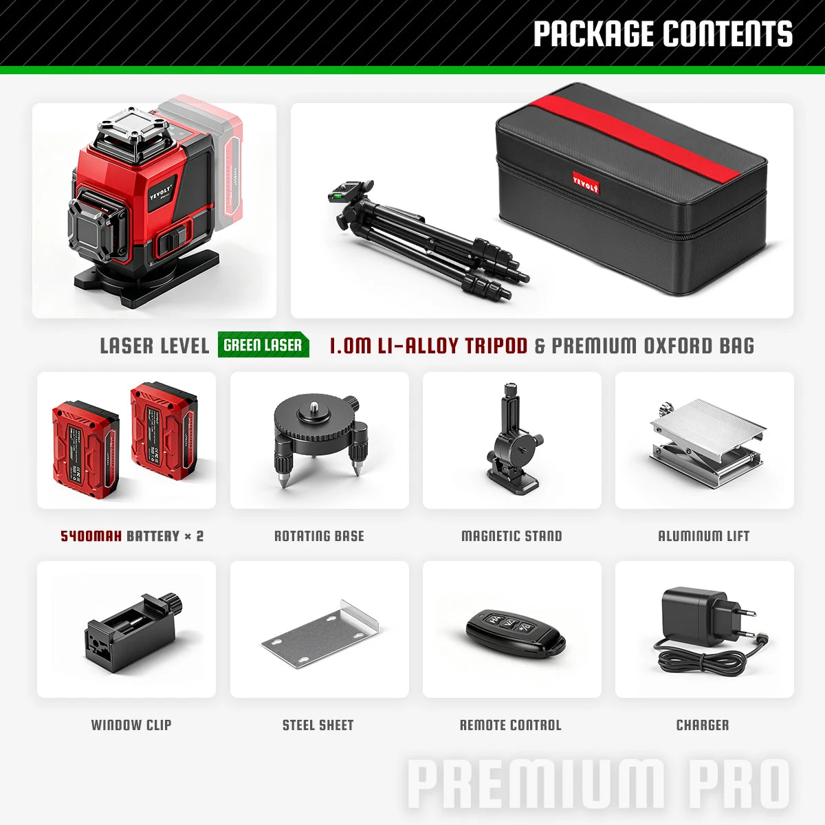 YEVOLT 4D green laser level kit with black Oxford bag, rotating base, aluminum lift, charger