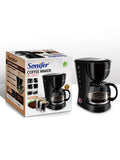 Sonifer 12-cup black plastic drip coffee maker with glass carafe, shown in packaging with product features.