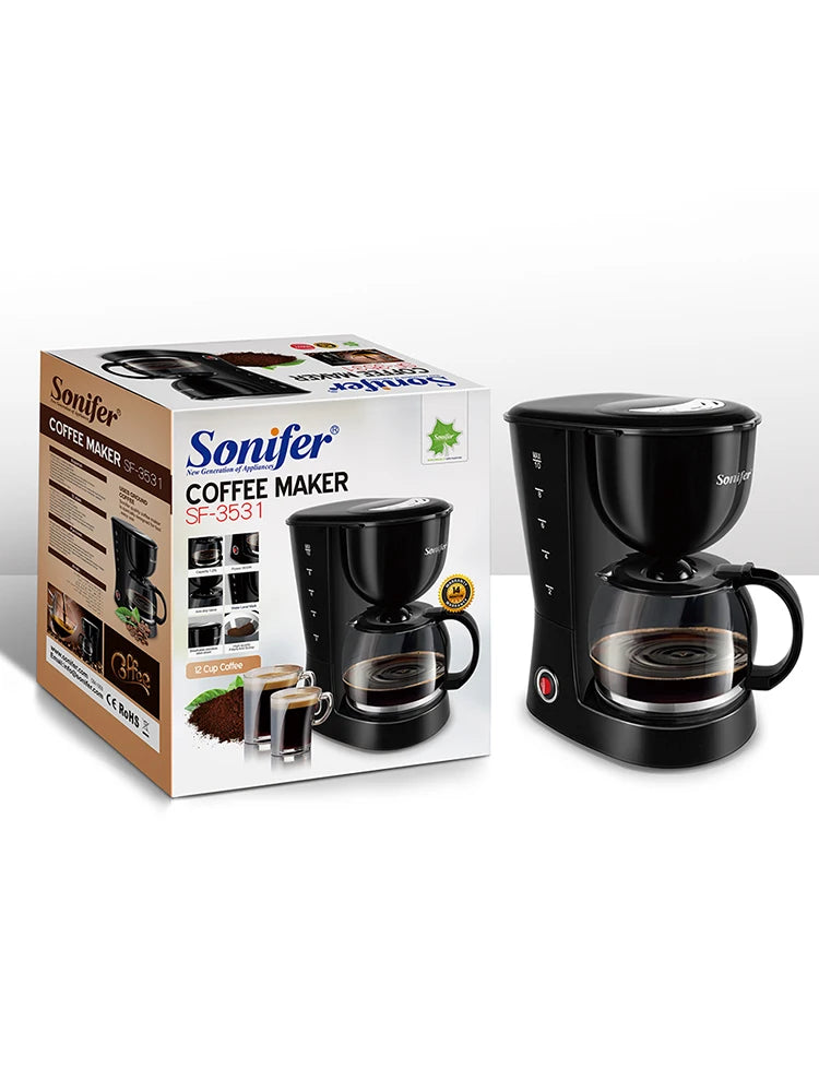 Sonifer 12-cup black plastic drip coffee maker with glass carafe, shown in packaging with product features.