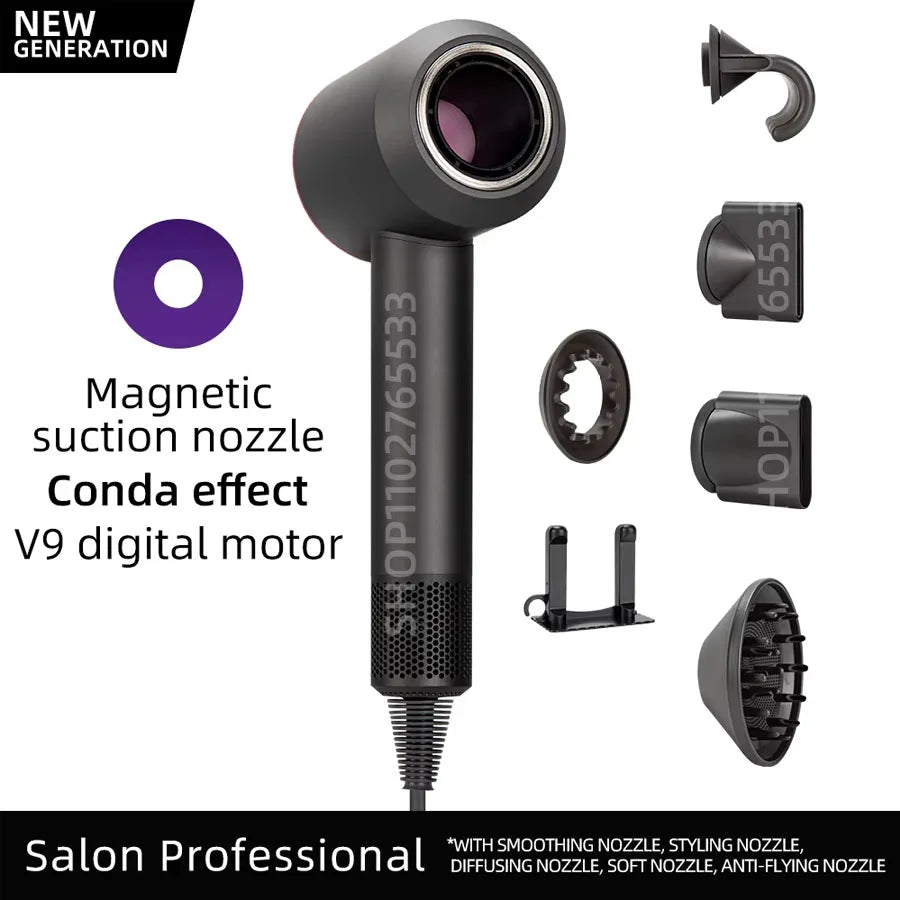 Black 5-in-1 ionic hair dryer with digital motor, magnetic attachments, diffuser, and styling nozzles for salon use.