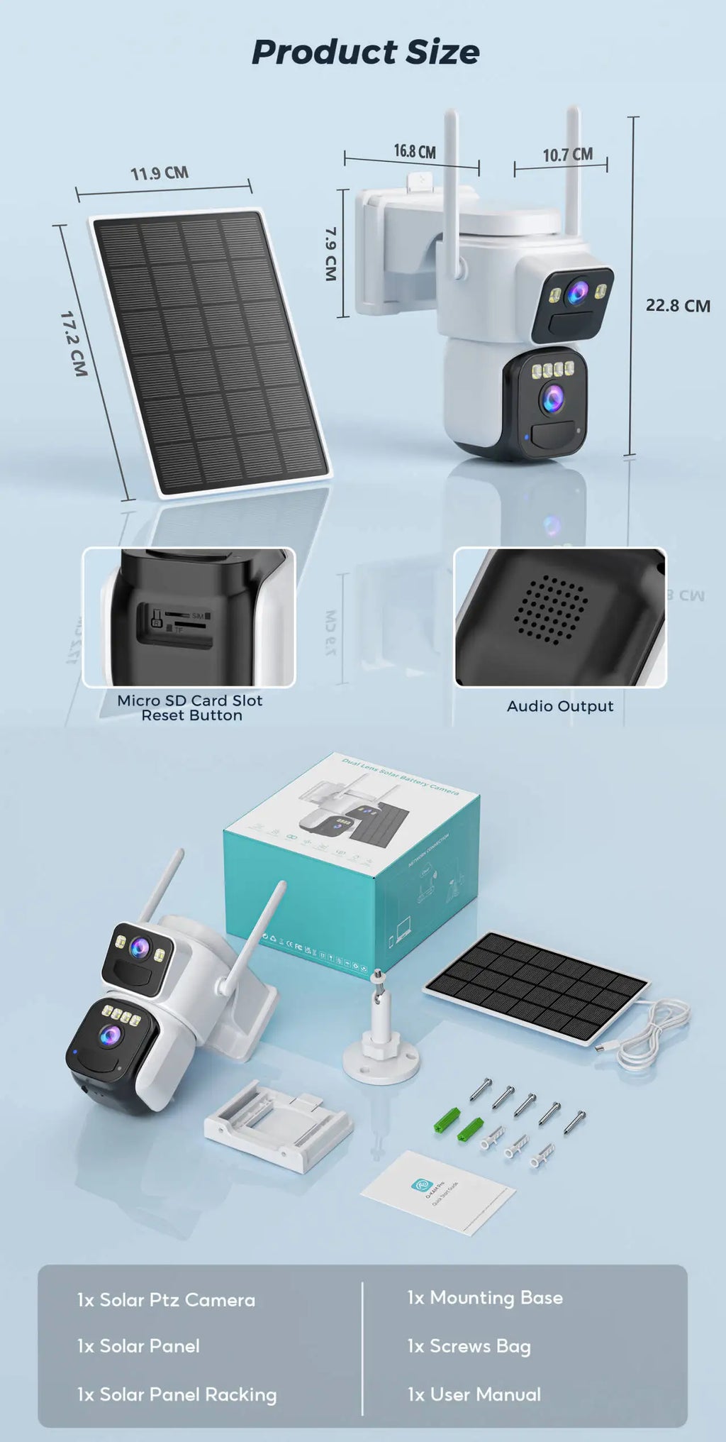 10MP PZT Solar IP Camera WiFi Outdoor 5K HD Dual Lens Home Security Camera Built in Battery Solar Panel and AI Person Detection