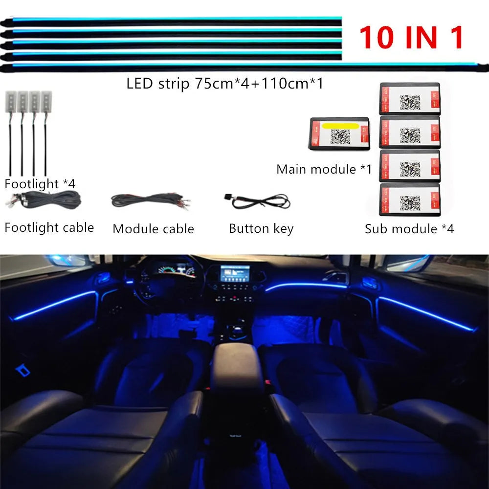 Car LED Ambient Lighting Kit – 64 RGB Color Acrylic Atmosphere RGB 10 in1 Tidesmit