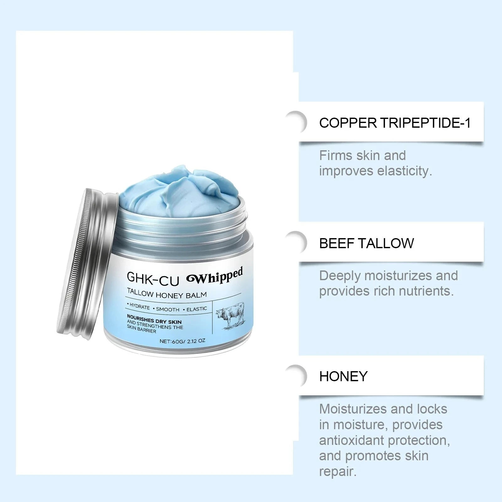 GHK-Cu Copper Peptide & Beef Tallow Blue Balm with Manuka Honey – Moisturizer for Mature, Dry, Sensitive Face & Body Skin