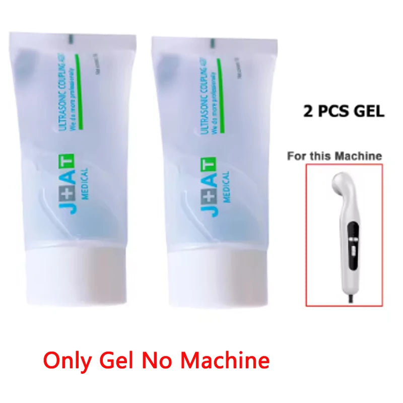 Two tubes of ultrasound coupling gel for physiotherapy pain relief machine, white and blue branding, no device included.