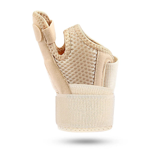 Beige mesh thumb brace for orthopedic pain relief, stabilizing support wrap for arthritis and tendonitis recovery.
