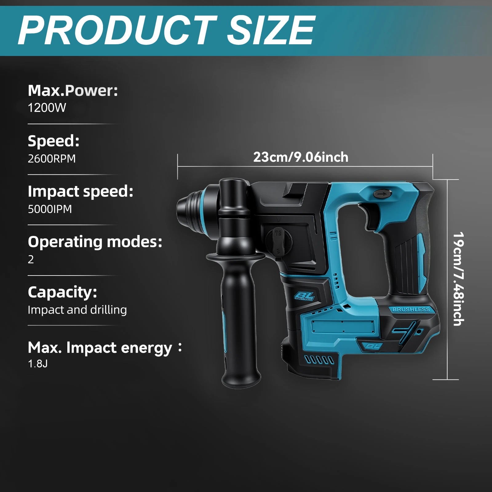 Podofo 1200W 2600RPM Brushless Rotary Hammer Drill 1.8J 360° Rotatable Cordless Electric Impact Hammer For Construction Home Wood Metal Drilling