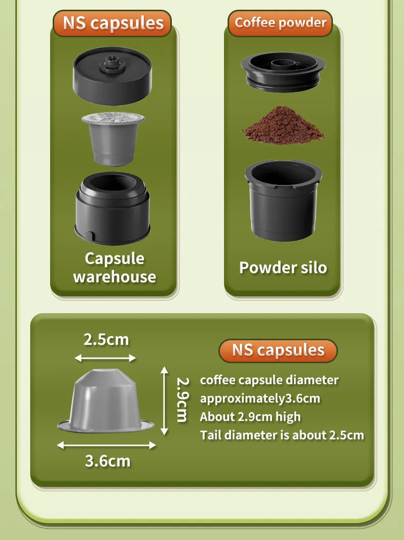 Coffee maker accessories with black plastic capsule warehouse and powder silo for NS capsules with 3.6cm diameter.