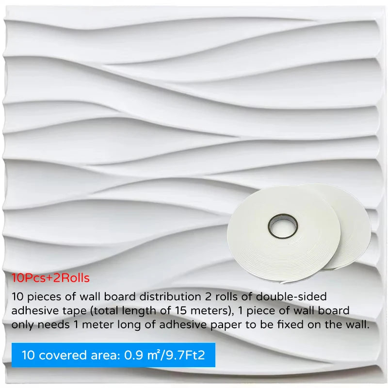 White 3D wall panel sticker set of 10, 30x30cm tiles with adhesive rolls