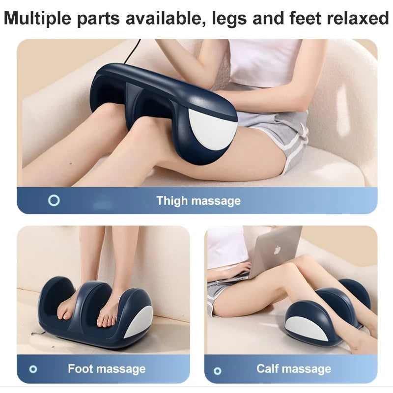 Dark blue electric heated leg and foot massager for deep tissue kneading, calf, thigh, and foot relaxation at home.