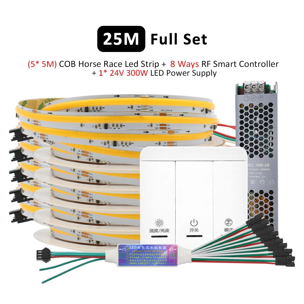 WS2811 Horse Race COB LED Strip Light DC 24V 360 LEDs/M Flex Ribbon Chasing 5M 10M 20M Running Water Flowing Ledstrip Lights