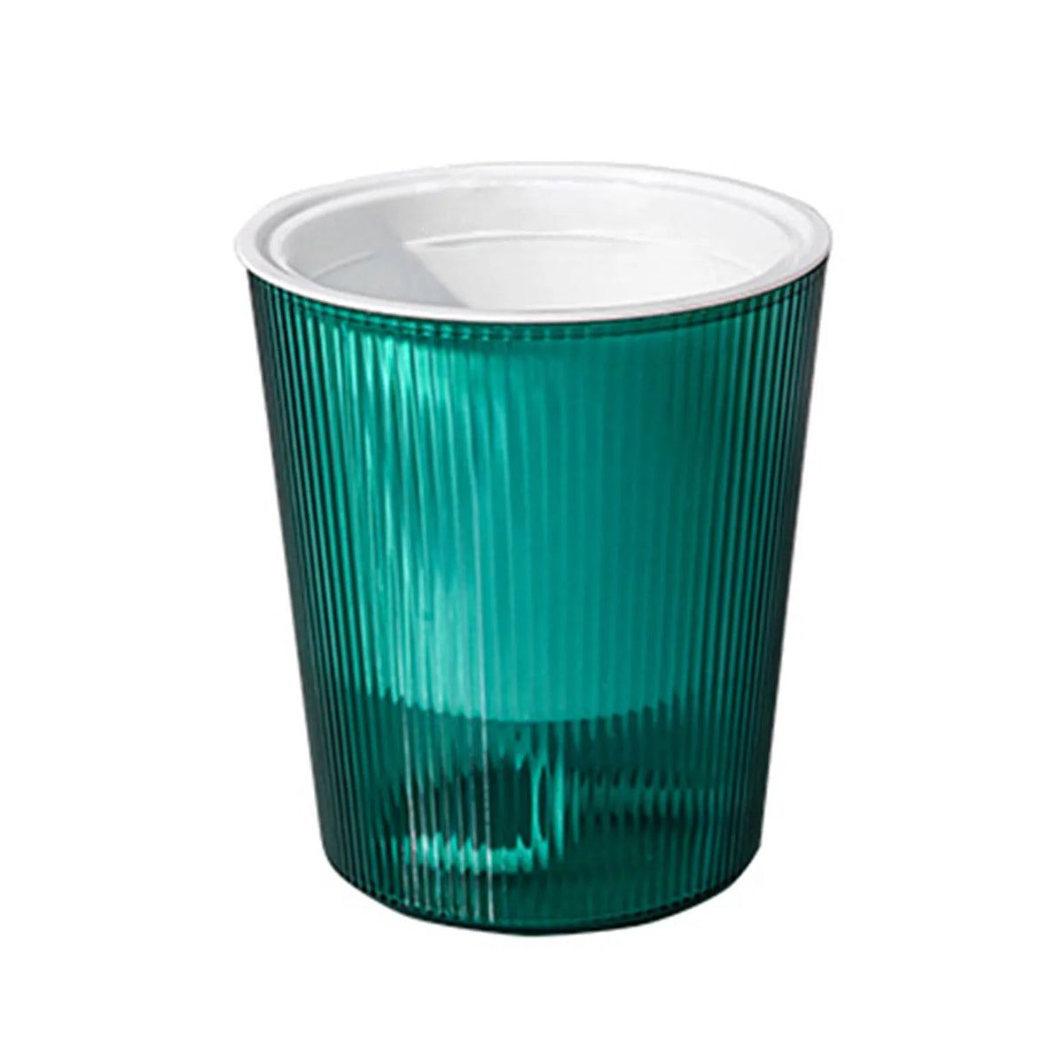Self-watering planter pot with translucent teal green body and ribbed sides