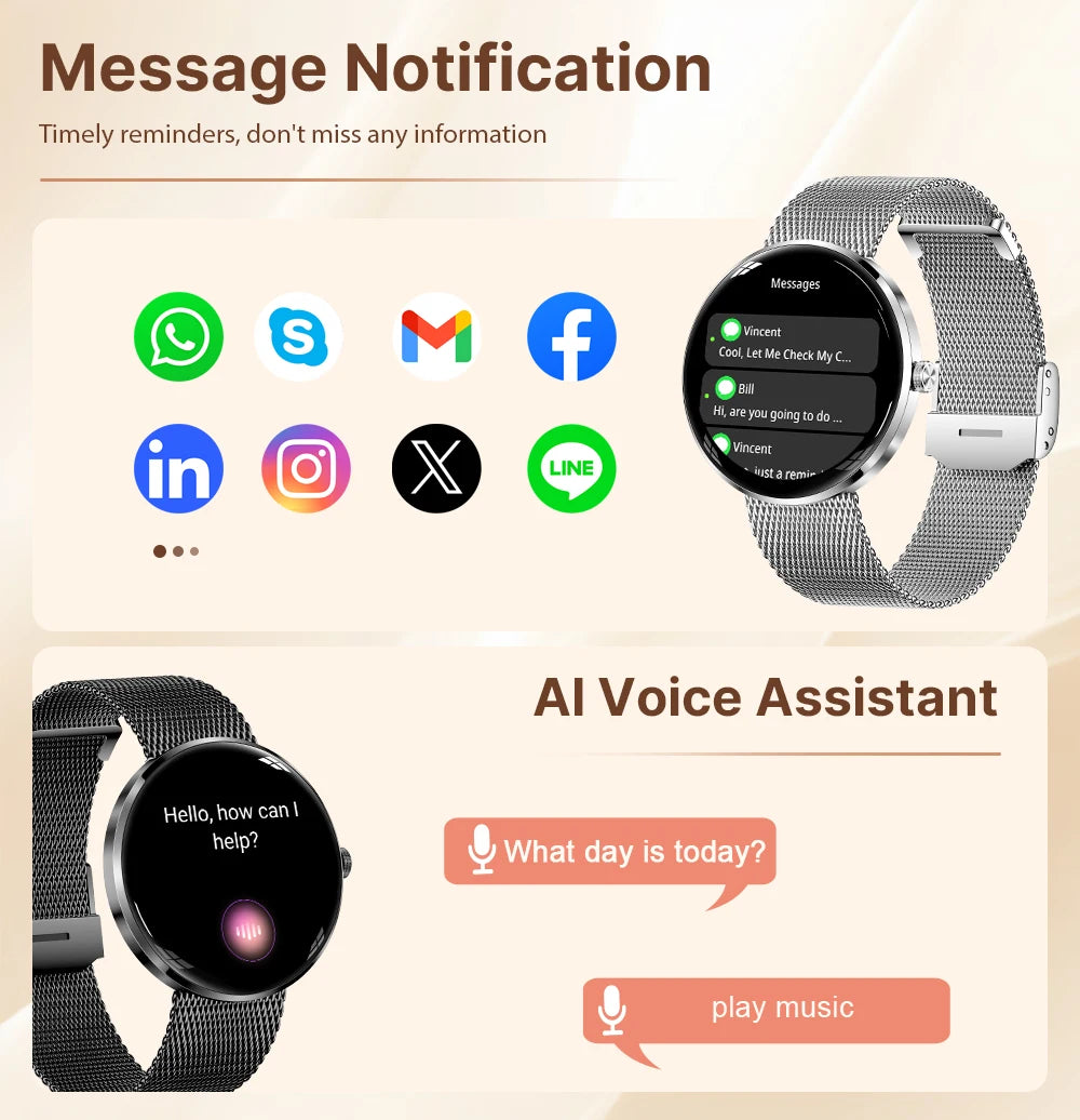 MEVADEN 8.5mm Utra-thin Stainless Steel Smartwatch 1.43 inch AMOLED Screen Women Bluetooth Call Health Monitor Sport Smart Watch