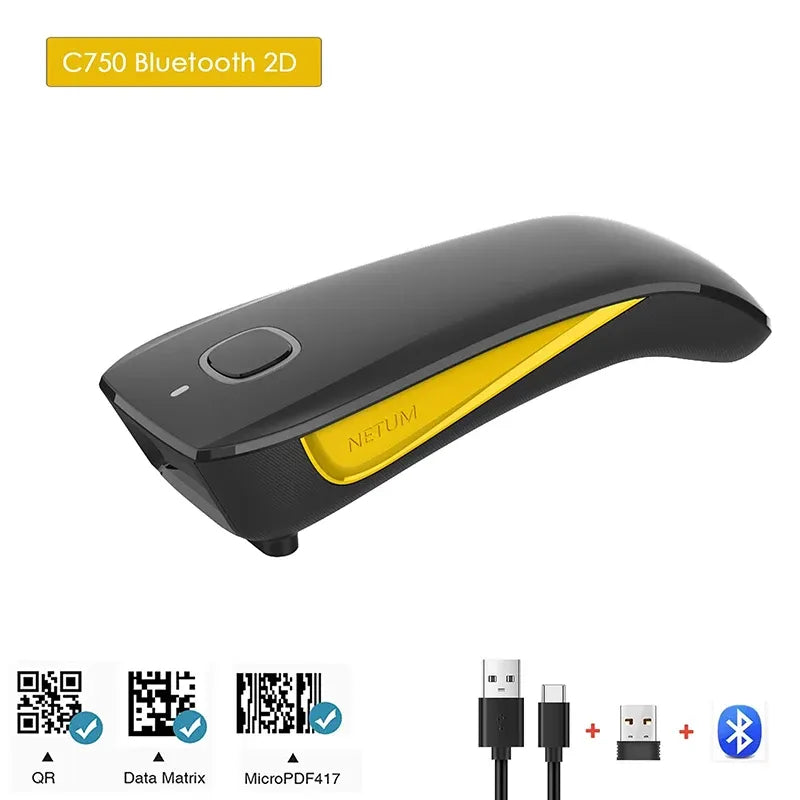 Handheld 2D barcode scanner with yellow accent, black body, and scanning window