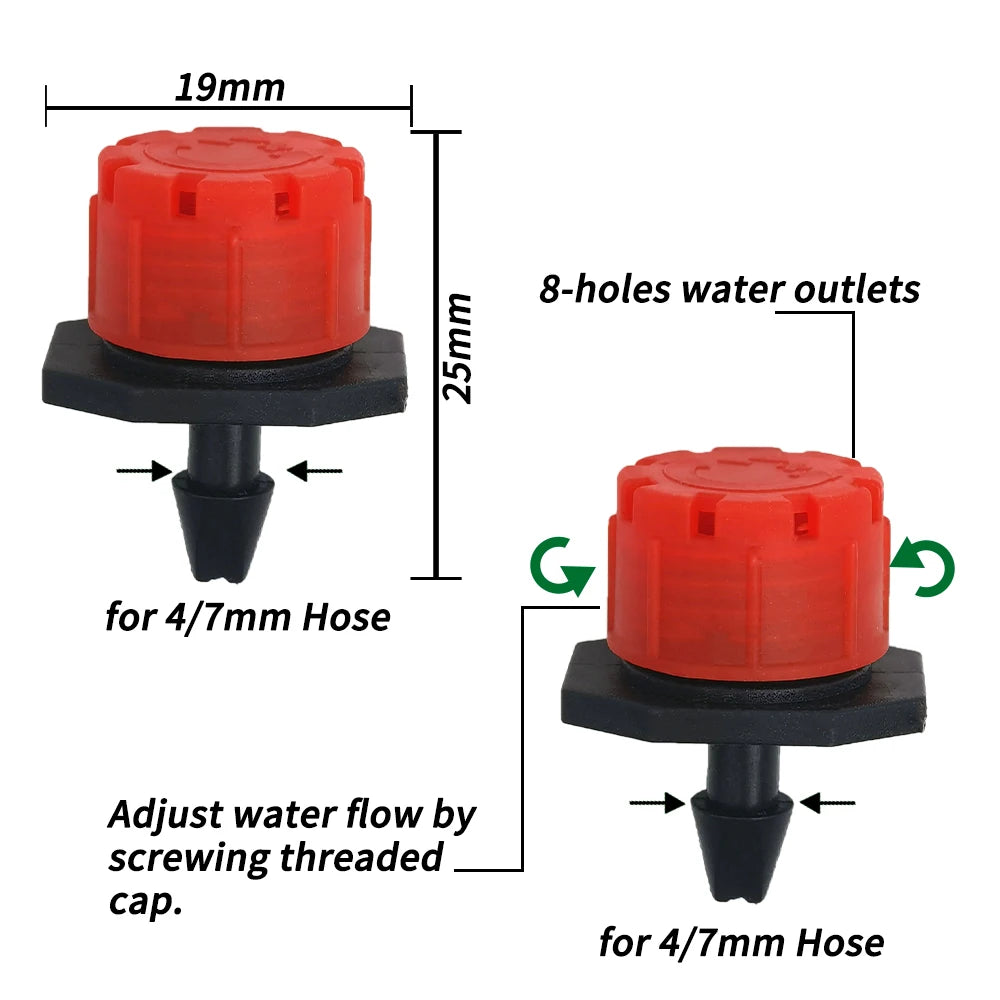 Adjustable micro drip dripper with red 8-hole outlets and threaded flow cap