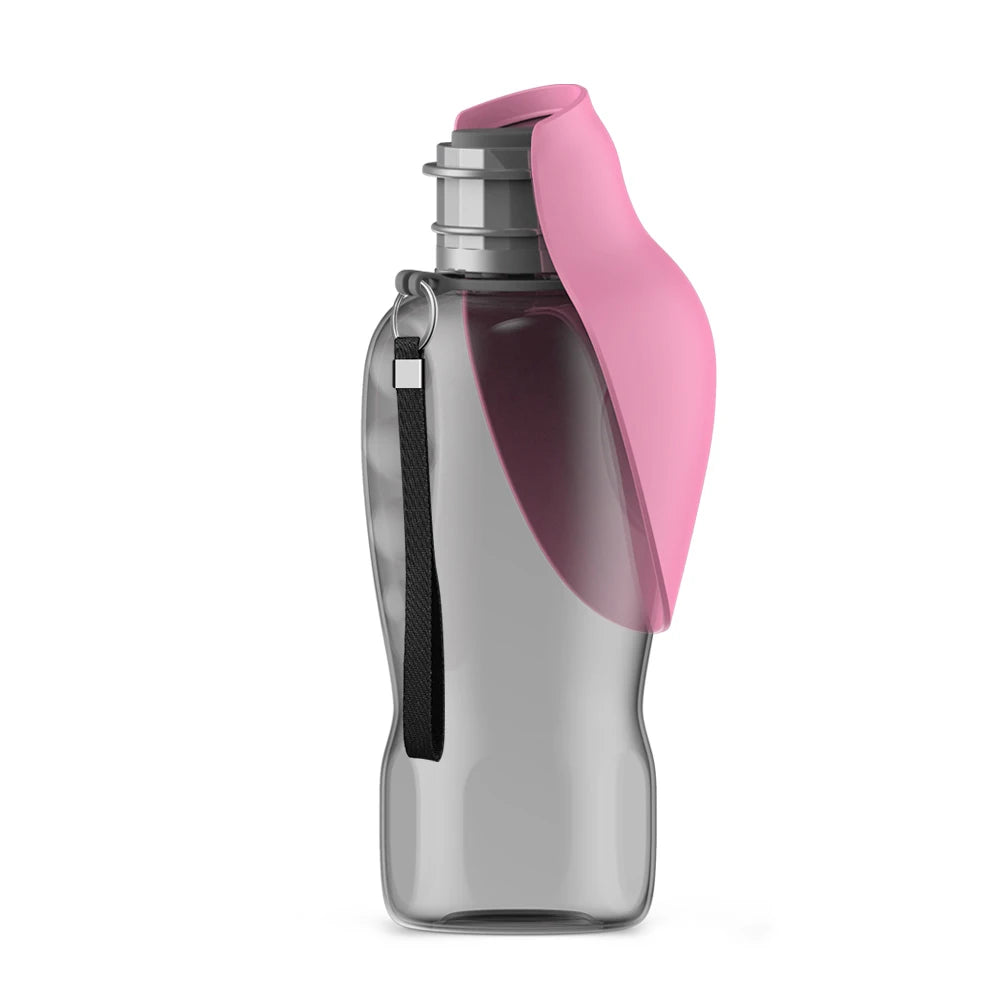 800ml portable dog water bottle with pink bowl attachment for easy outdoor hydration for pets on the go.