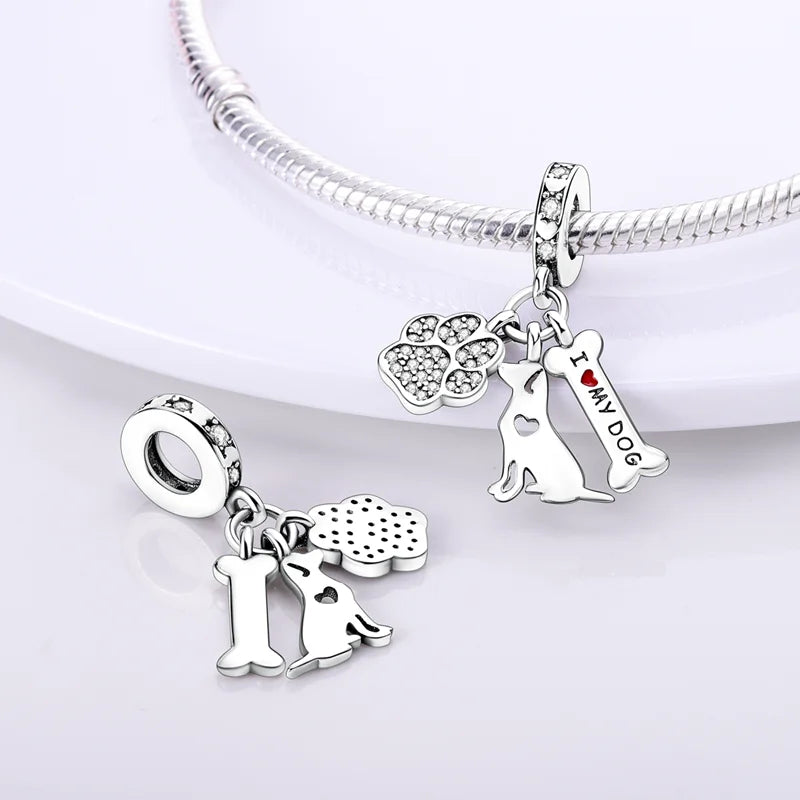 925 silver dog paw and puppy charms for charm bracelets, featuring I Love My Dog bone pendant for pet lovers.