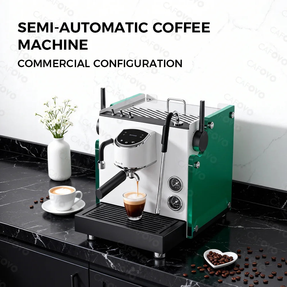 Cafovo semi-automatic commercial espresso machine in white and green with dual pressure gauges and portafilter.