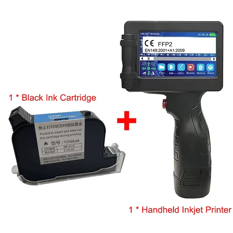 Handheld inkjet printer bundle with black ink cartridge and handheld body