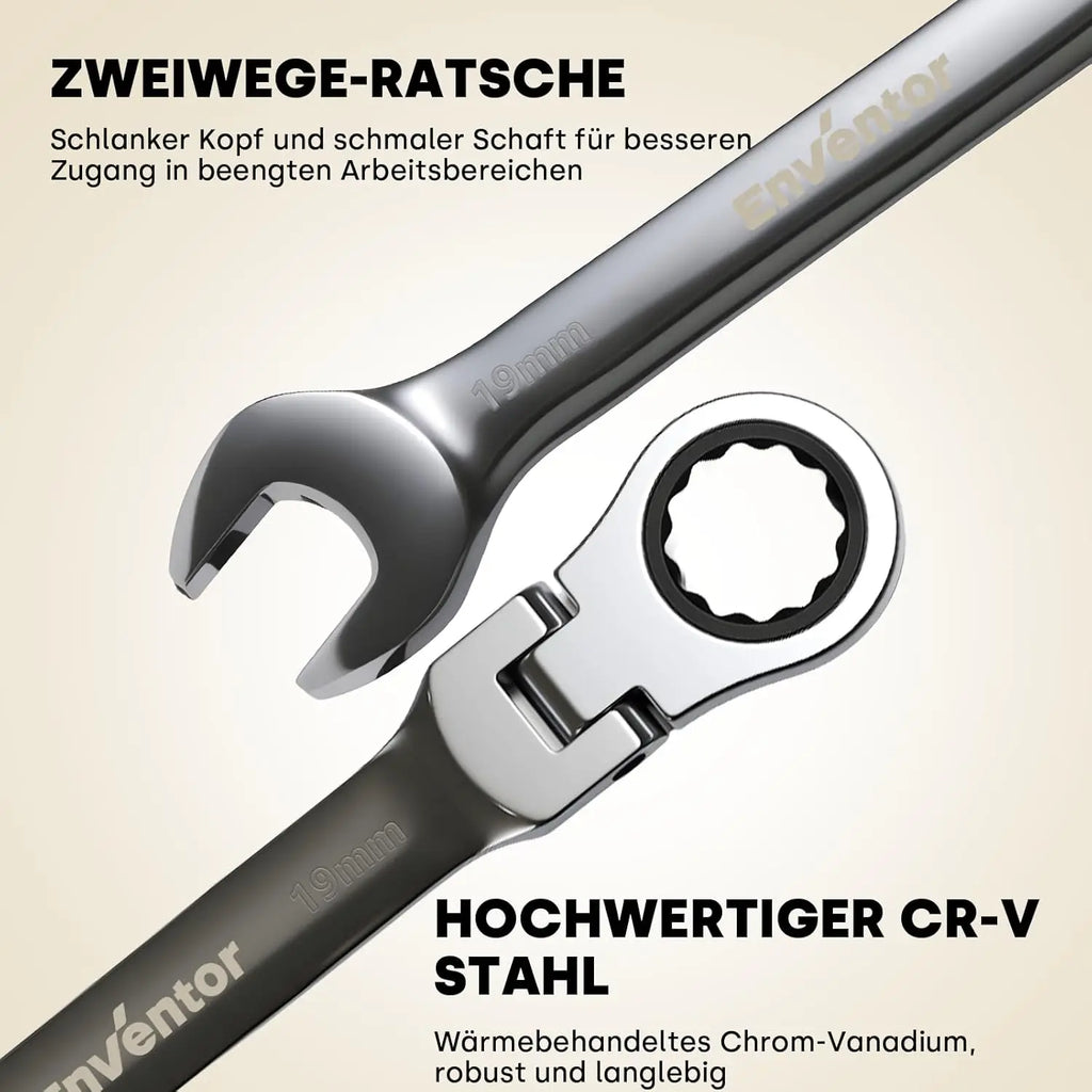 Enventor 8-Piece Flexible Ratchet Key Set, Fork Key Set, 72 Teeth, in Storage Bag, Chrome-Vanadium Steel, 8–19 mm, for Electricians, Car Repairs, Furniture Assembly