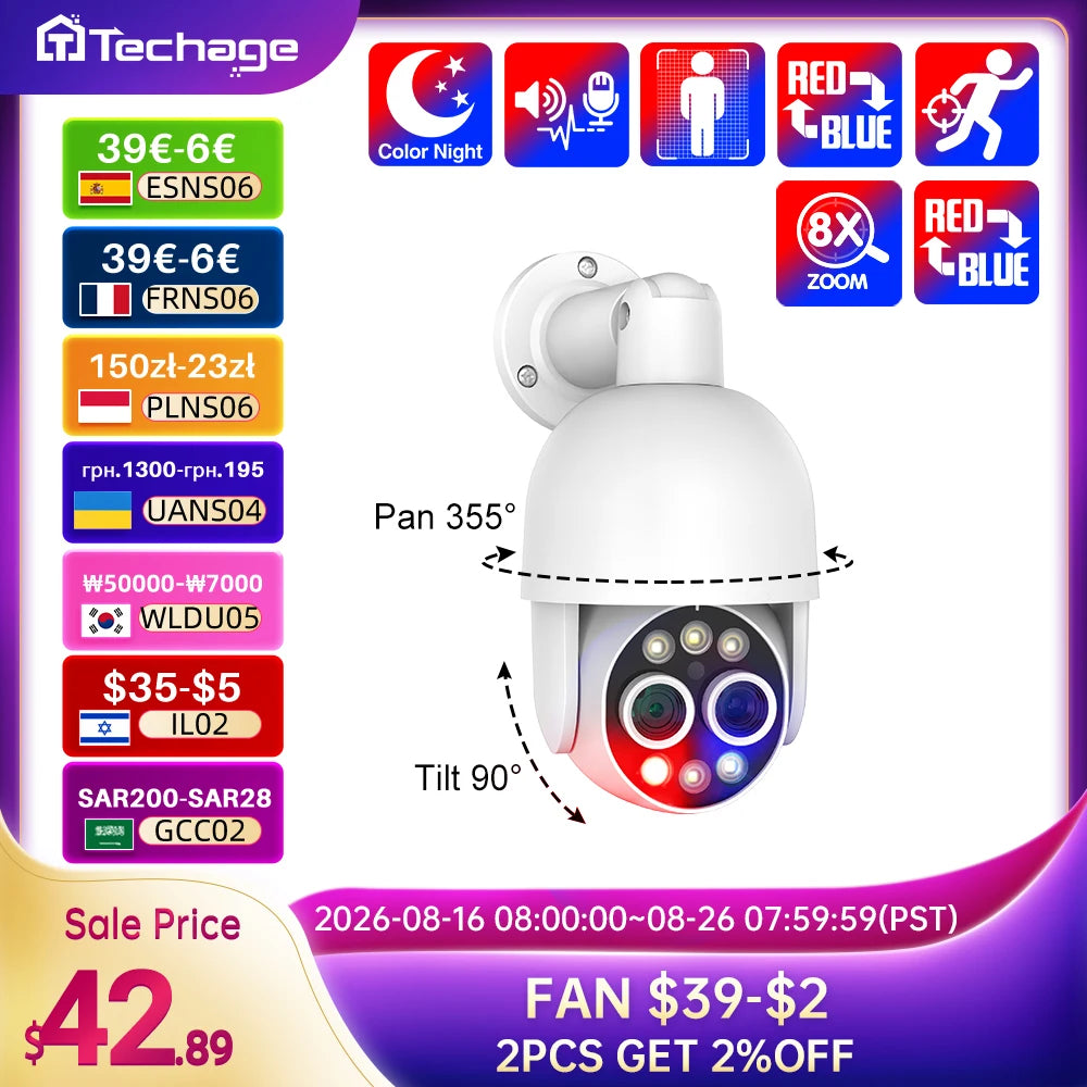 Techage 8MP POE IP Camera Dual Lens HD CCTV Video Smart AI Outdoor Audio Auto Tracking PTZ  Camera Surveillance Security System