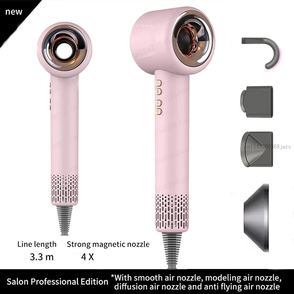 Pink leafless negative ion hair dryer with 4 magnetic styling attachments and 3.3m cord for salon professional use.