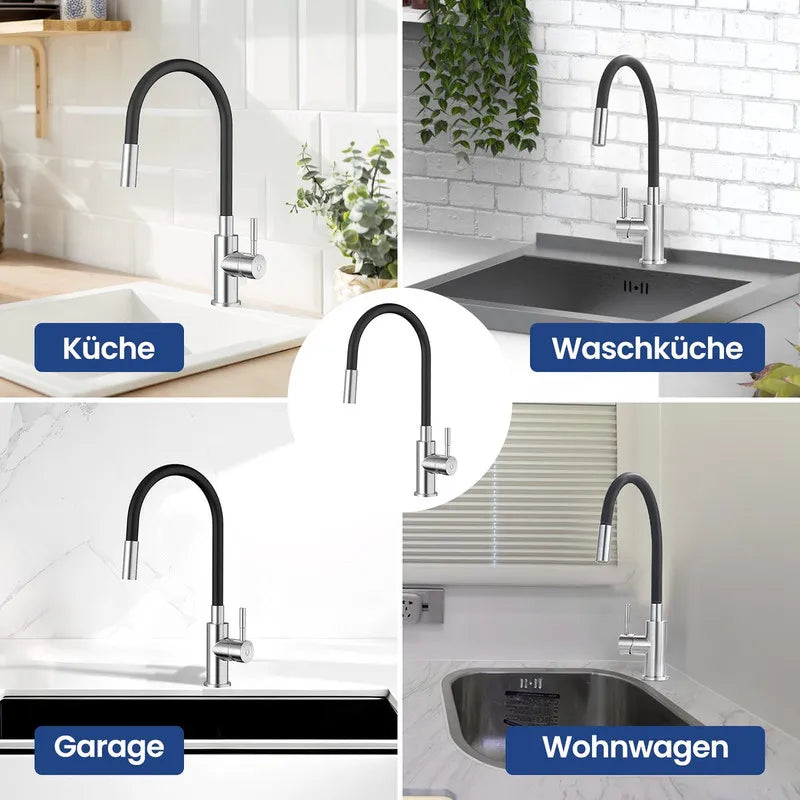 Black Kitchen Flexible Mixer, Kitchen Faucet with 2 Spray Types, Foldable Kitchen Faucet, Black Faucet with Hot and Cold Water, 360° Swivel
