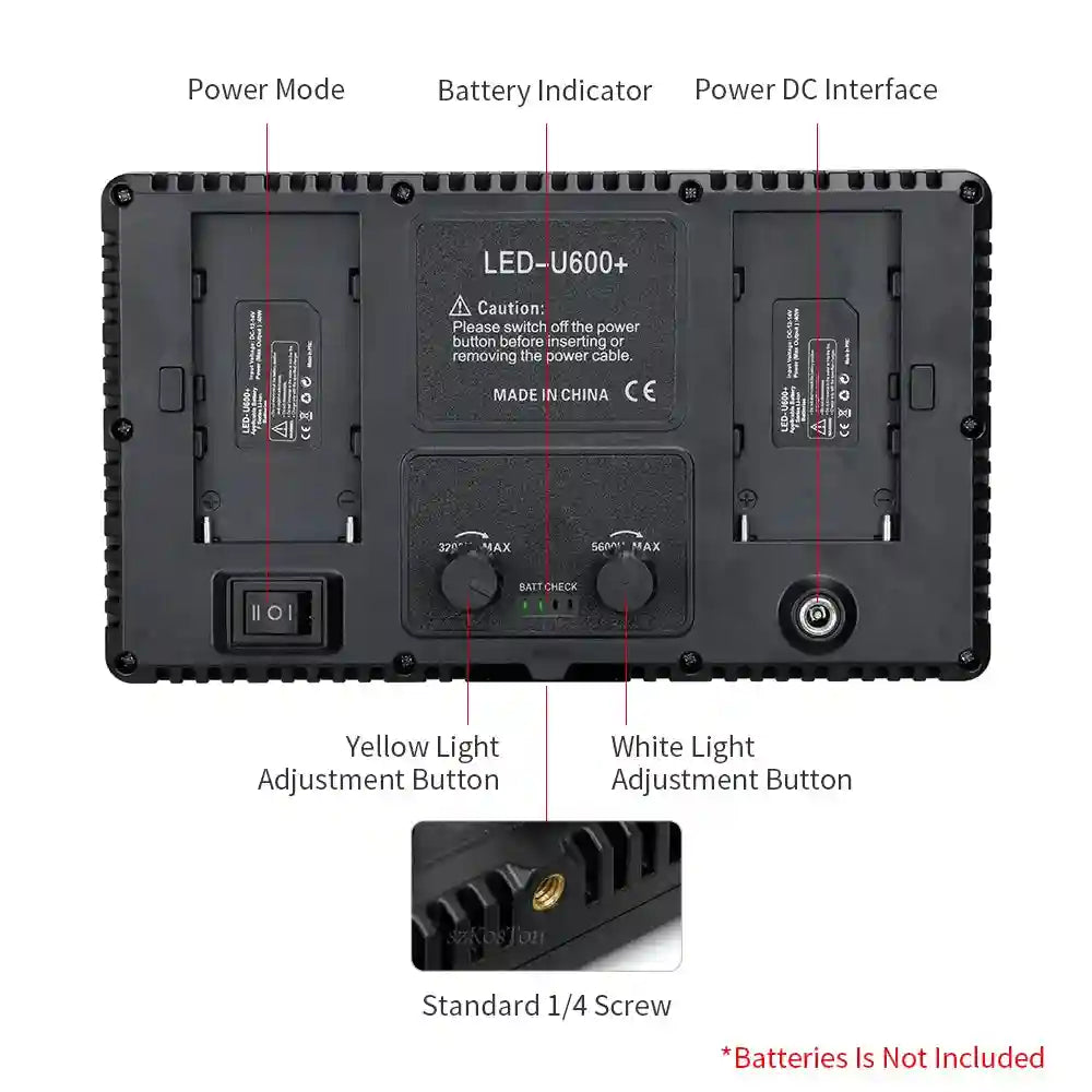 LED-U600+ rectangular black LED video light back panel with two battery mounts, control dials, and 1/4-inch tripod nut.