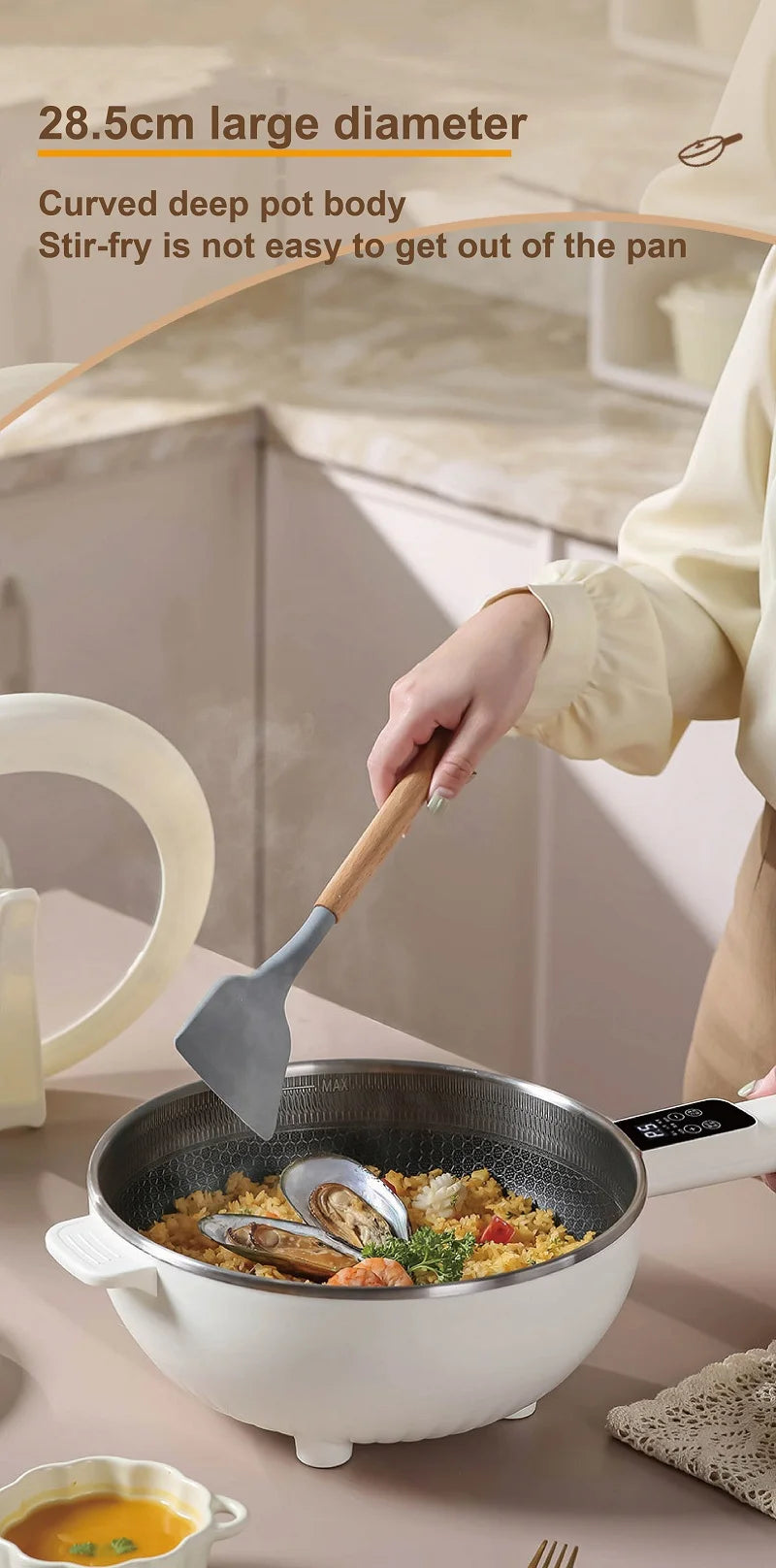 4.5L electric cooking pot with large round pan and spatula cooking fish and rice