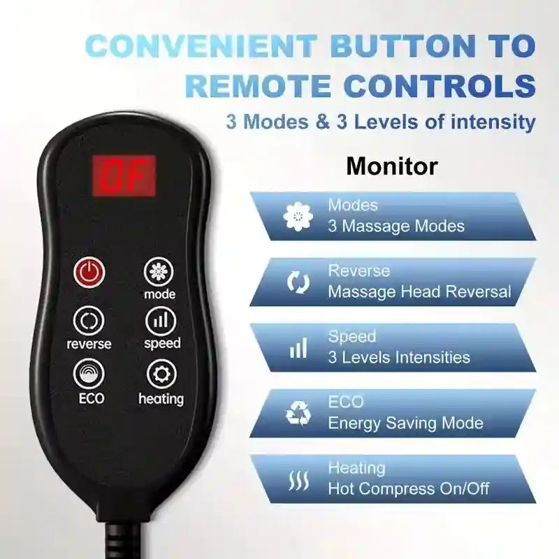 Black electric foot massager remote with LED display, featuring 3 massage modes, speed intensity, and heating control.