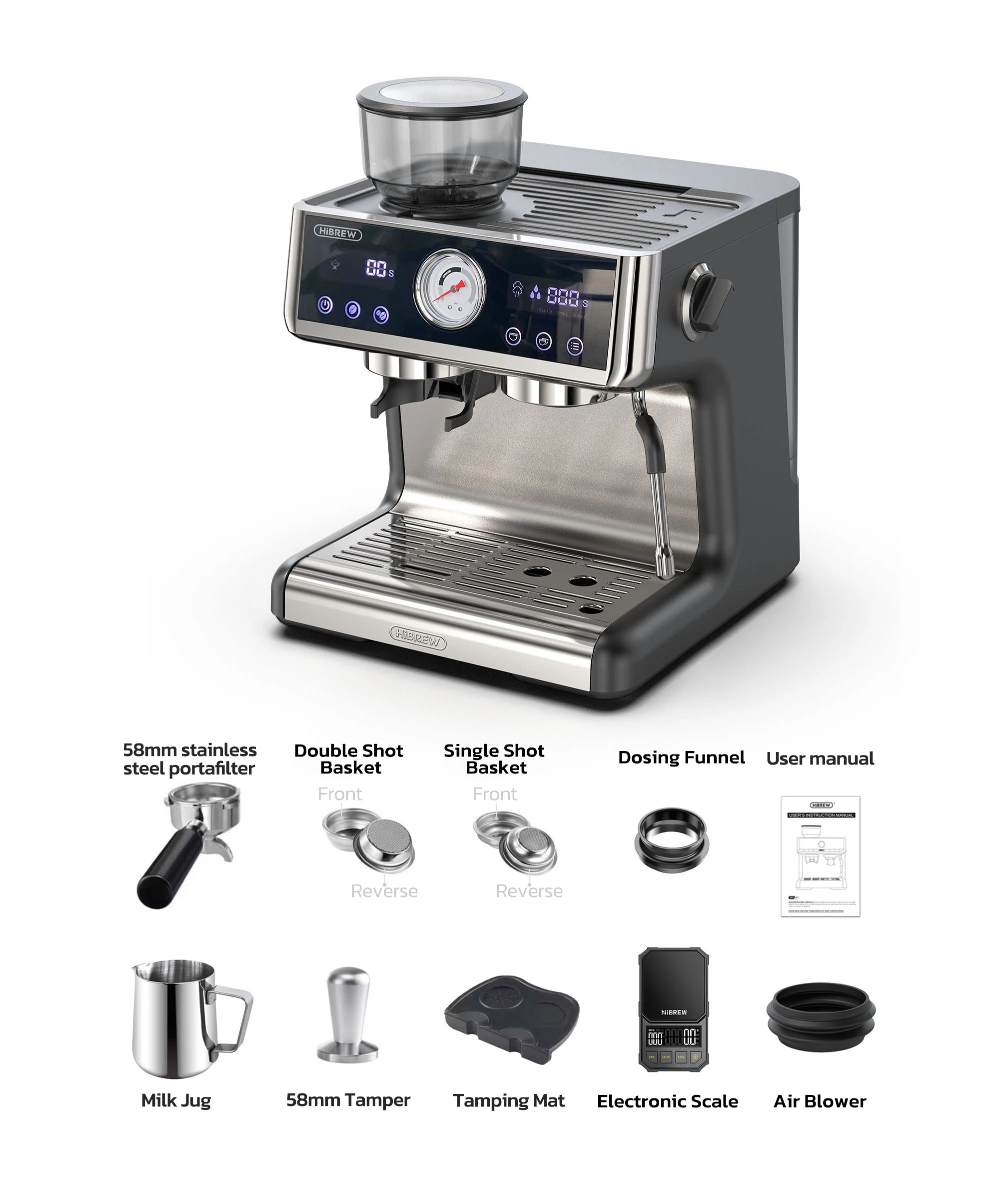 HiBREW 58mm espresso machine in black and stainless steel with digital display, grinder, and professional accessory kit.