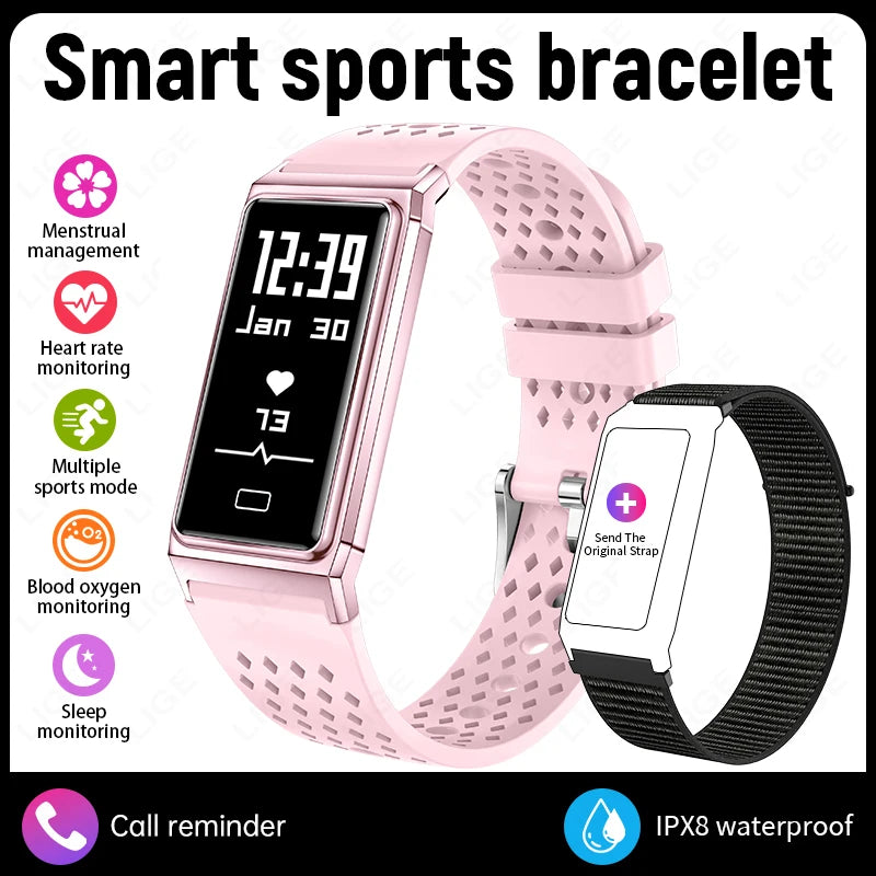 Pink smart sports bracelet set with rectangular screen and perforated silicone band