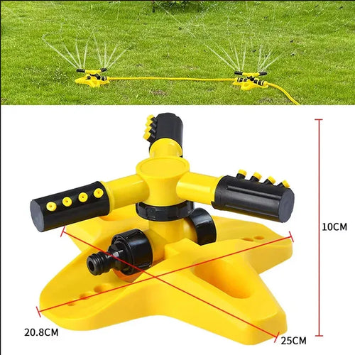Yellow 360-degree rotary sprinkler head with black twin nozzles on base, size marked