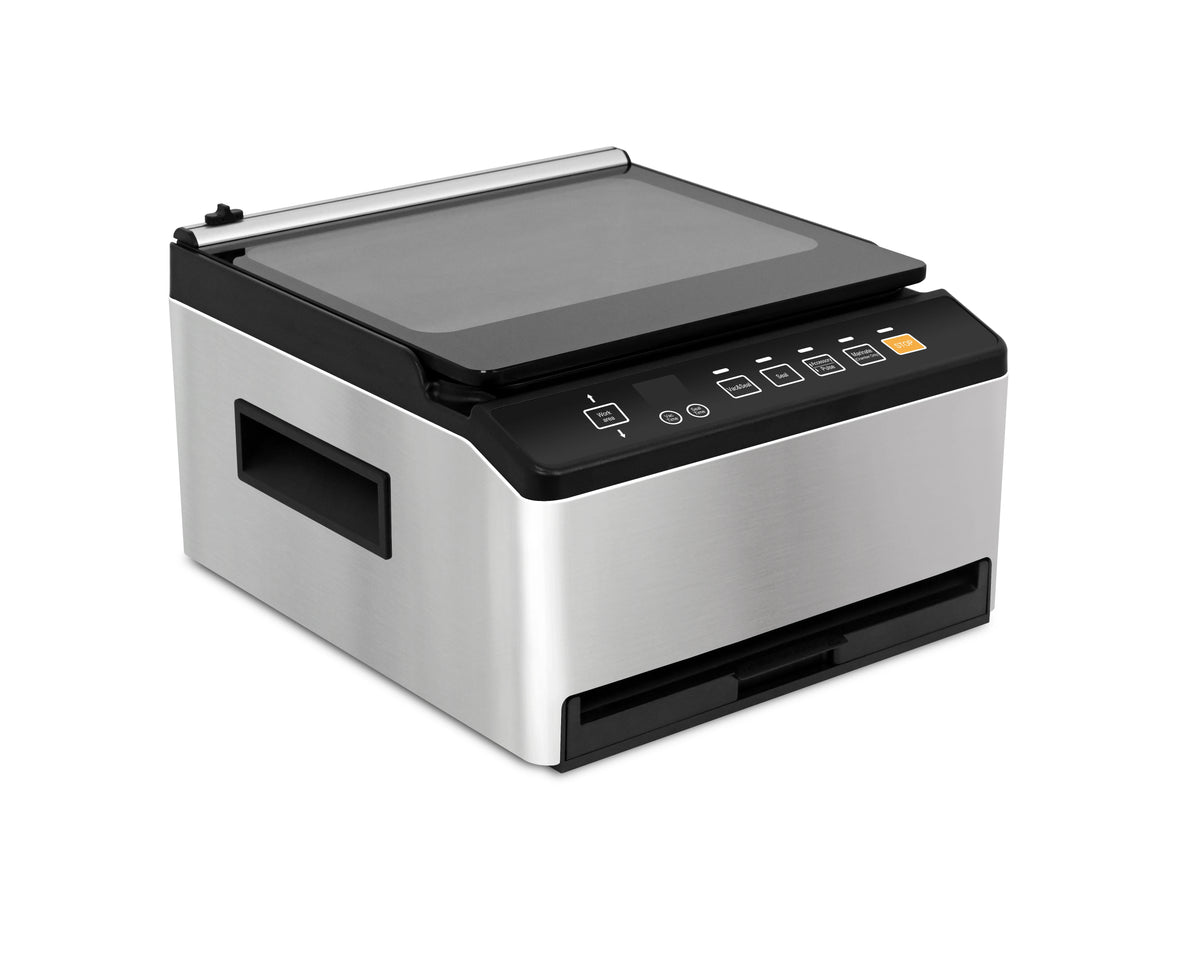 Silver commercial chamber vacuum sealer machine with open lid and front viewing window
