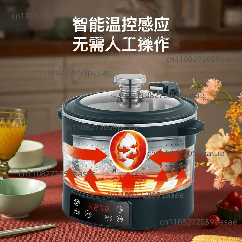 Electric rice cooker with glass lid and digital display, dark green body, heat-control arrows