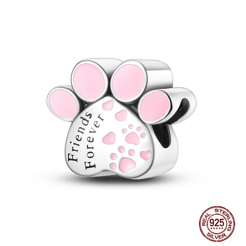 925 sterling silver paw print charm with pink enamel, engraved "Friends Forever" for pet lover DIY bracelets.