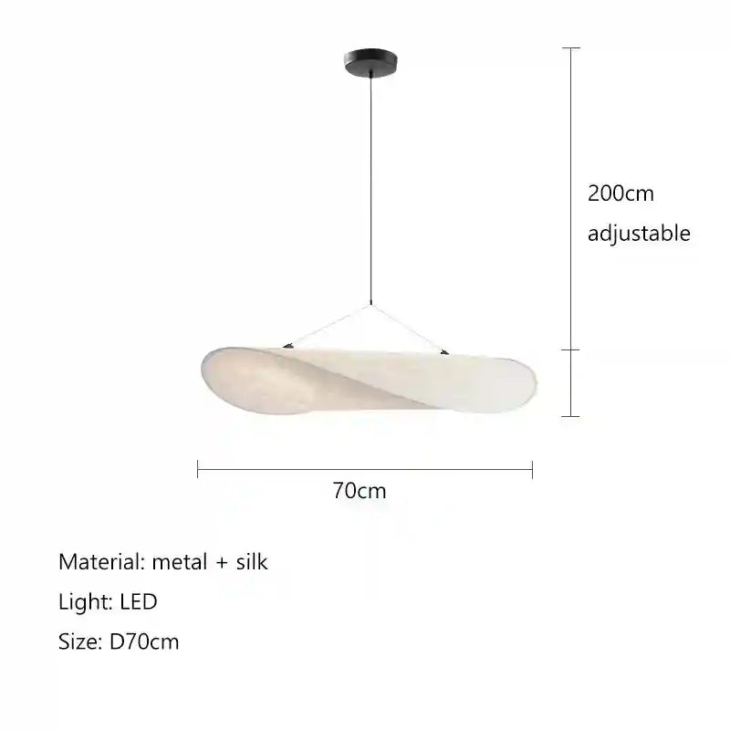 Minimalist white silk pendant light with twisted disc shape, 70cm diameter, 200cm adjustable cord, and LED lighting.
