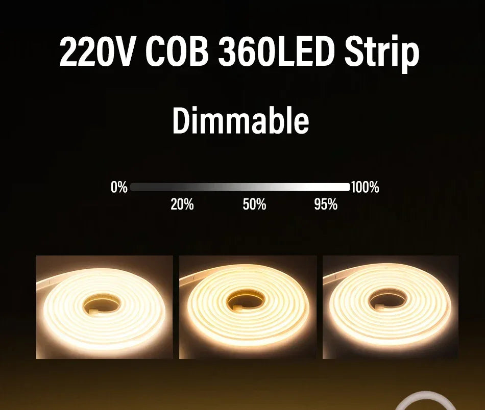 220V COB LED Strip with Switch /Dimmable Waterproof 360LED Strip EU Plug for Outdoor Indoor Room Backlight Garden Kitchen TV